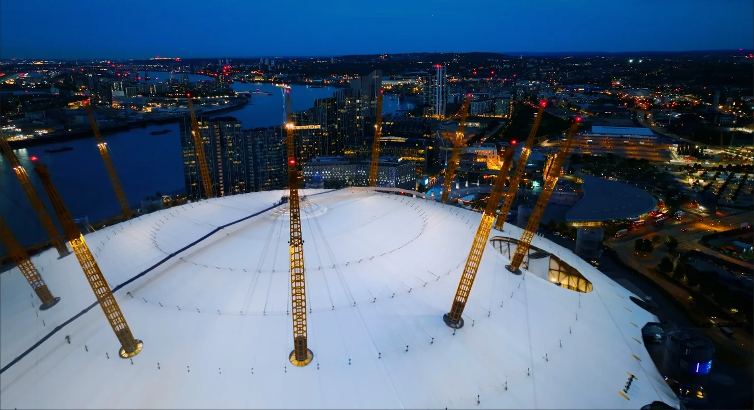 The O2 arena with its panels blended in post-production with the aid of animation techniques