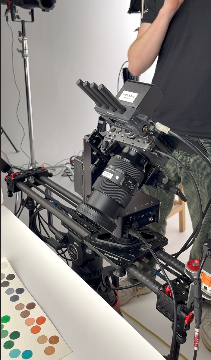 A slider/dolly cam in action on a Nomadic UK shoot with Derwent Art.