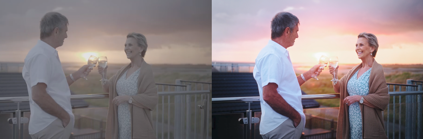 Before and after photos of footage showing the difference colour grading makes to the quality of video content.