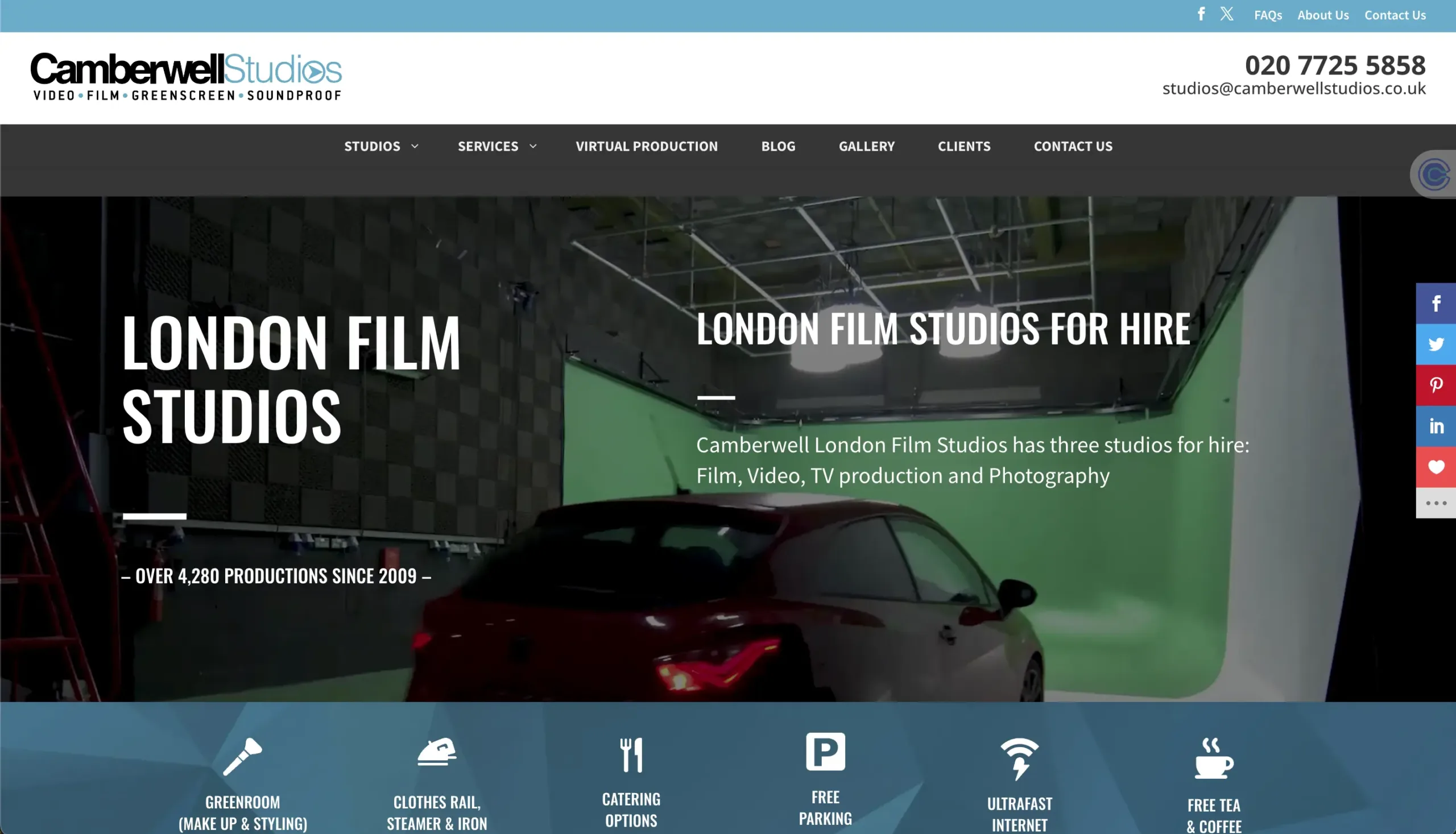 Camberwell Studios website screenshot. Video and photography studio in London