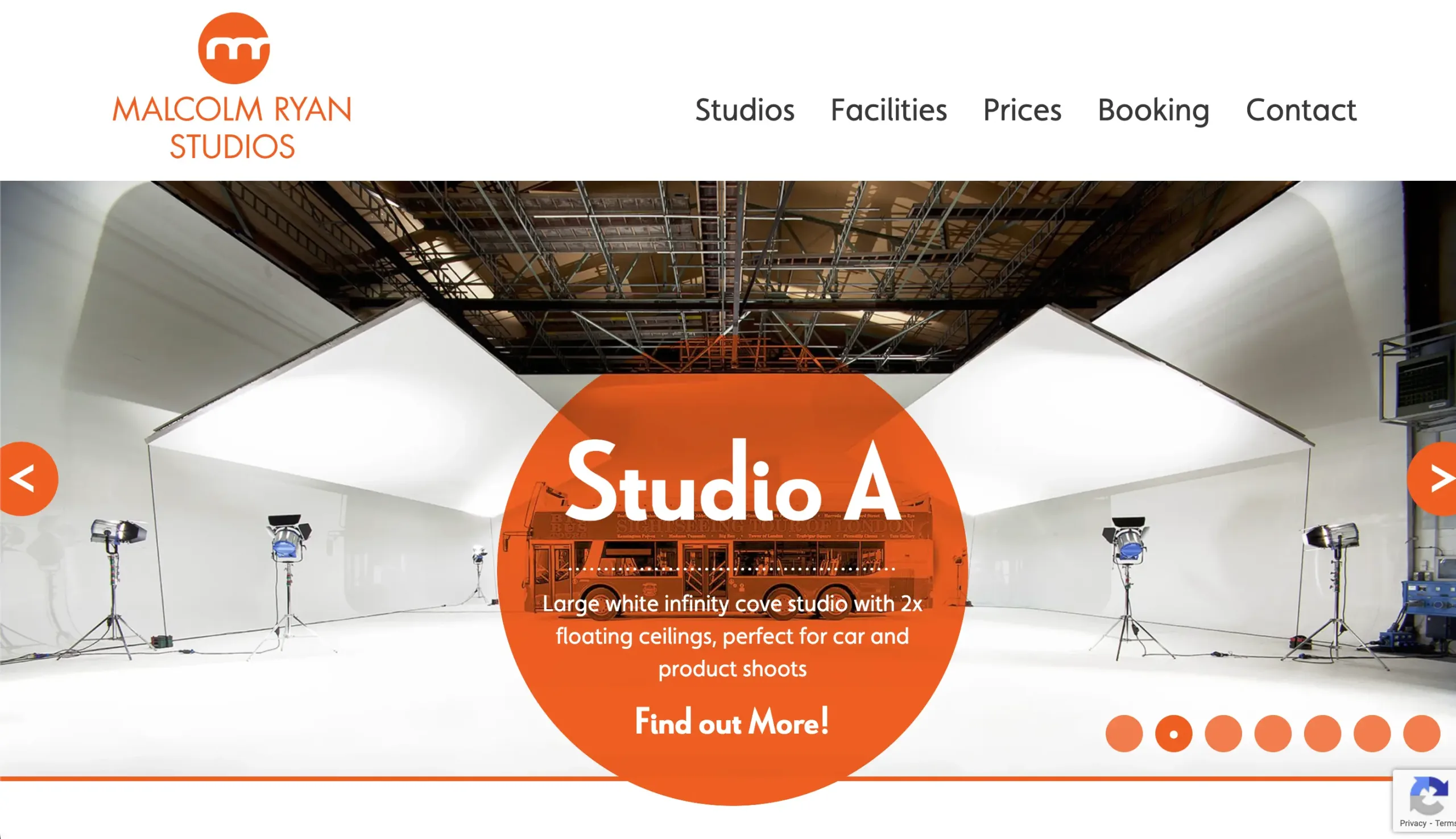 Malcolm Ryan photography and videography studios in London. Screenshot from main website.