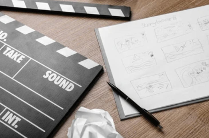 A hand drawn storyboard and clapperboard on a wooden desk.