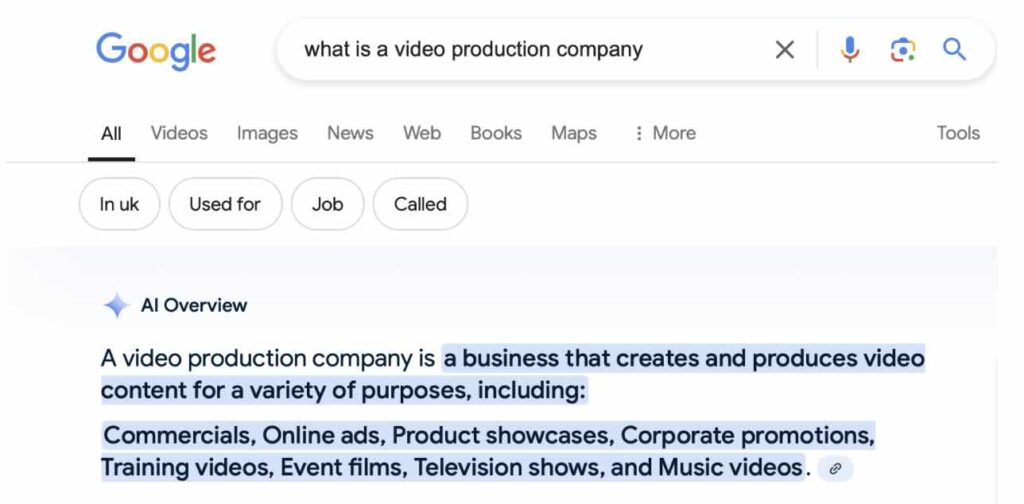 Google search for "What is a video production company"